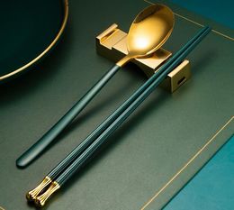 2021 HW296 Camp Kitchen Dark Green and Gold Nordic INS Style Alloy Chopstick Family Chopsticks Home