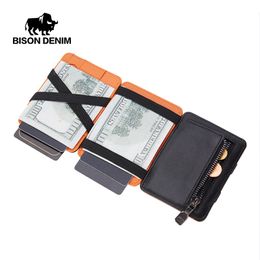 BISON DENIM Leather Magic Wallet for Men Trifold Slim Rifd Blocking Credit Card Holder with Coin Pocket Mini Purse W9725 220217