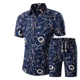 2021 summer new men's clothing short sleeve print shirt shorts suit fashion men's casual beach wear clothes X0909