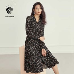 FANSILANEN Floral print black chiffon shirt dress Women long sleeve autumn winter elegant yellow Boho v neck 210607