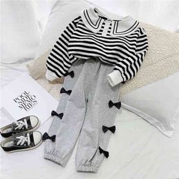 Gooporson Fall Kids Clothes Stripes Sweatshirt&bow Tie Pants Korean Fashion Little Girls Clothing Set Spring Toddler Girl Outfit 210715