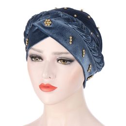 Imixlot Luxury Elegant Imitation Pearl Beaded Turban Cap Women Fashion Braid Wrap Stretch Chemo Hat Bandanas Accessories