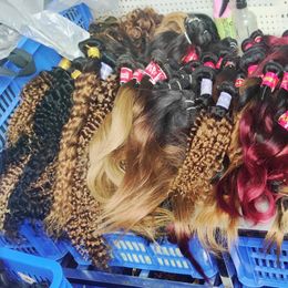 Wonderful colored hairs two tone ombre red blonde goldfish colors Peruvian straight curly wave 15pcs and 12pcs