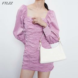 FTLZZ New Spring Autumn Elegant Women Draped Purple Mini Dress Vintage Square Collar Puff Sleeve Party Dress Long Sleeve Dress Y0118