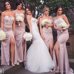 Pink Bridesmaid Dusty Dresses Mermaid Side Slit Satin Custom Made Plus Size Embroidery Maid of Honor Gown Country Beach Wedding Party Wear Vestidos