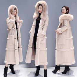 Winter Faux Leather Coat 2019 New Hooded Parka Female Faux beige Fur Coat X-Long Jacket Thick Warm Wool Sheep Leather Overcoat1