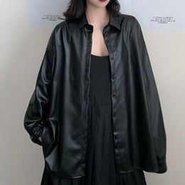 Japanese Casual Loose Leather Moto Jacket Women Outerwear Korean High Street Coat Chic Streetwear Long Sleeve Black Top 210604