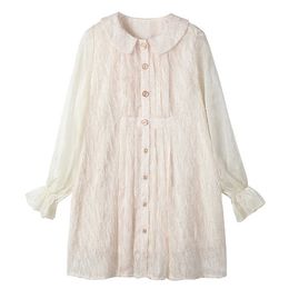 PERHAPS U Beige Peter Pan Collar Flare Long Sleeve Button Feather A-line Mini Dress Female Women Summer Casual D1471 210529