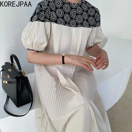 Korejpaa Women Dress Summer Korean Fashion Elegant Retro O Neck Embroidered Flower Stitching Loose Casual Pleated Dresses 210526