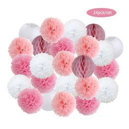 Blue Pink Set 6" 8" 10" 12" Round Paper Lantern For Baby Boy Girl Shower Decor Wedding Party Decoration Hanging Paper Pompoms 211012