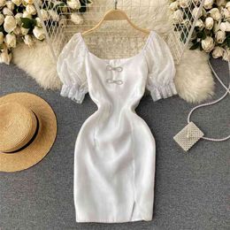 Women Fashion Ins Square Neck Bow Short Sleeve Slim Package Hip Mini Dress Korean Summer Vestido De Mujer R511 210527