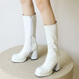 Platform Womens High Knee Boots Autumn Winter Patent Leather Women Waterproof Heel White Red Party Fetish Shoes 211217