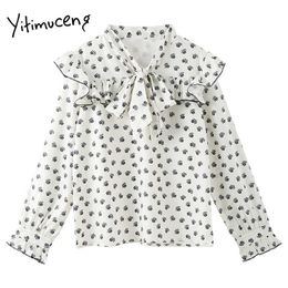 Yitimuceng Floral Pint Blouse Women Bow Lace Up Shirts V-Neck Long Sleeve Straight Spring Korean Fashion Chiffon Tops 210601