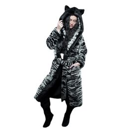 Warm Lamb Wool Coat Women's Black Tiger Hooded Cartoon Plush With Ears Imitation Fur 211207