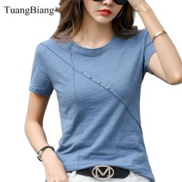 2021 Summer Women Ribbed Bamboo Cotton Tee-Shirts Female Button Loose Casual Fashion T-Shirt Short Sleeve Blue O-Neck Korea Tops X0628