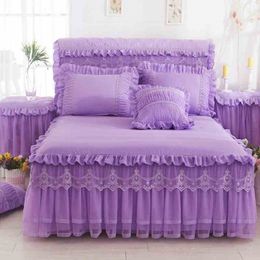 Korea Lace Ruffle Bedspread Bed Skirt Pillowcases 1/3pc Solid Colour Mattress Cover Princess bedding Fitted sheet King Queen size Y200423
