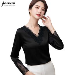 Lace Patchwork V Neck Long Sleeve Bottoming Women Spring Chiffon Satin Blouses Office Ladies Casual Tops 210604