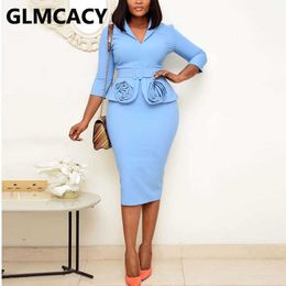 Women Long Sleeve Floral Design Bodycon Dress Office Lady Elegant Plus Size Oversize Midi Dress 210702