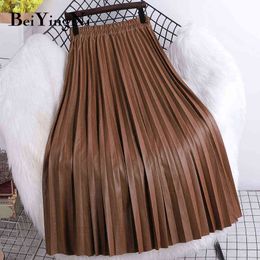 Beiyingni Fashion PU Leather Midi Skirt Women Solid Colour Autumn Winter High Waist Pleated Skirts White Black Faldas Female 211120