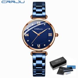 Women Watch CRRJU Fashion Luxury Blue for Casual Waterproof Quartz Ladies Stainless Steel relogio feminino 210616