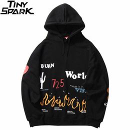 Harajuku Hoodie Sweatshirt Men Streetwear Fire Flame Graffiti Hip Hop Hoodie Pullover Cotton Fleece Winter Sweatshirt Black 210715