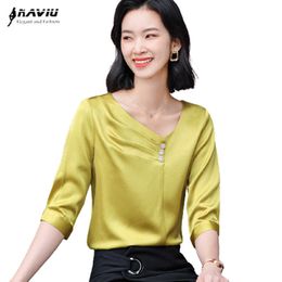 Acetate Satin Yellow Shirt Women Summer High End Temperament Design Chiffon Blouses Office Ladies Formal Work Tops 210604