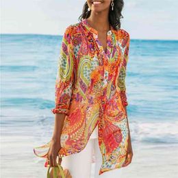 Chiffon Printed Cover Up Button Retro Beach Dress Women Bohemia Bikini Swimwear Kaftan Ups Saida De Praia Pareo 210714