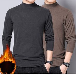 Winter T Shirt For Men Long Sleeve Tshirts Thermal Underwear Solid Colour With Thin Fleece 220312