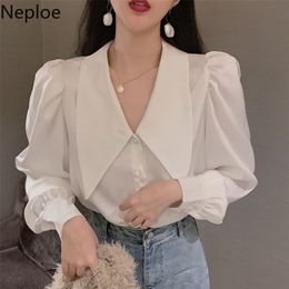 Neploe Women OL Shirt Spring New Solid Tops Peter Pan Collar Puff Long Sleeve Shirt Single Breasted Elegant Blouse 210302