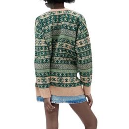 Women Sweater Fashion Jacquard Knitted Cardigan Vintage Jumper Long Sleeve Pockets Female Loose Coat Chic Tops