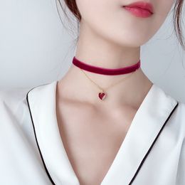Green Black Red Korean Cute Multi Layer Heart Chains Lace Chokers Necklaces for Women Velvet Choker Necklace Bohemia J0312