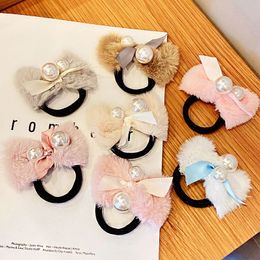 2021 Autumn Winter New Women Girls Cute Plush Bow Pearl Scrunchie Sweet Hair Decorate Elastic Hair Band Fashion Hair Accessories