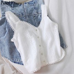 Pearl Diary Women Cotton Eyelet Embroidery Tank Top White Colour Picot Elegant Crop Tank Top Sweet Casual Buttoned Up Short Top 210308
