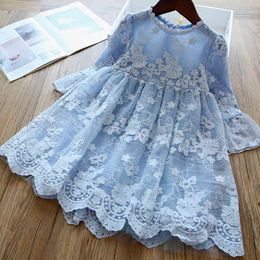 Autumn Girls Dress Lace Embroidery Floral Ruffle Long Sleeve Princess Dress Kids Birthday Wedding Holiday Party Gown Vestidos 8T Q0716