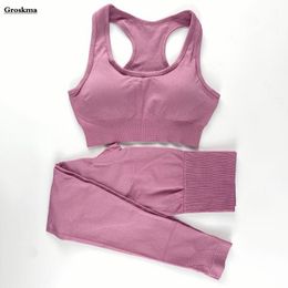 Seamless High Waist Pants+Sexy Bra Women Yoga 2 Piece Set Fitness Gym Knitting Suits Sports Running Clothes Workout Outfit