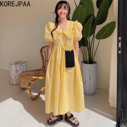 Korejpaa Women Dress Summer Ladies Age-Reducing Sweet Wood Ear Stitching Doll Collar Plaid Design Loose Puff Sleeve Vestido 210526