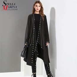 Korean Woman Solid Black Unique Cape Style Jacket Open Design Big Size Long Tape Metal Holes Ladies Loose Jacket Cloak 3843 211014