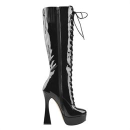 Winter Women Lace-Up Knee High Boots Black PU Patent Leather Crocodile Print Spike High Heels Long Boot Zipper Concise