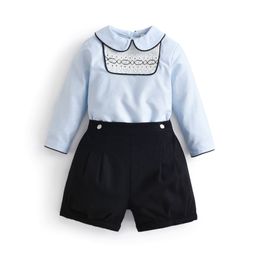 2pcs Children Boutique Boys Smocked Clothes Set Baby Spanish Style Clothing Suit Toddler Hand Made Smocking Blouses Black Shorts 220216