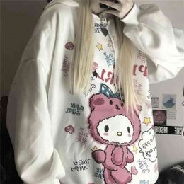 Korean Loose Long Sleeve White Sweatshirt Women Oversized Kawaii Anime Hoodie Vintage Pink Tops Female Cute Hoodies 210809