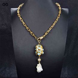 GuaiGuai Jewellery Gold Colour Plated Chain Statement Blue Larimar Freshwater White Keshi Pearl Pendant Necklace For Women