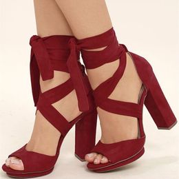 Handmade Womens Chunky Heels Sandals Crisscross Strips Red Kid Suede Party Prom Summer Shoes Daily Wear US5-15 Fashion Shoes D471