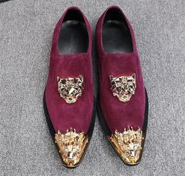 Men burgundy hair stylist pointed toe Personalised shoes leather slip-on fashion men's nightclub iron head dress nubuck leather