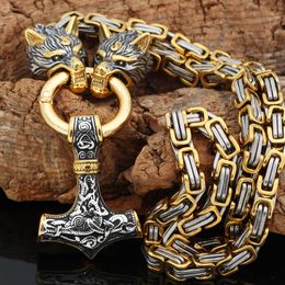-Mens de aço inoxidável lobo cabeça pingente colar ouro prata quadrado fivela cadeia de link nordic jóias celtas
