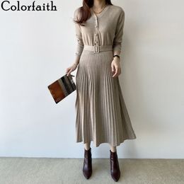 Colorfaith New 2021 Spring Women Dress Long Casual Korean Style Single Breasted Pleated V-neck Lace Up knitted Dress DR7248 210306
