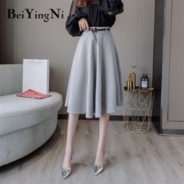 Beiyingni Vintage Skirt Women Belt A Line Swing Elegant KoreanHigh Waist Office Ladies Skirts Casual Spring Autumn Skirt Female 210310