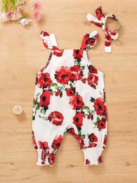 Baby Floral Print Shirred Hem Ruffle Trim Cami Jumpsuit With Headband SHE