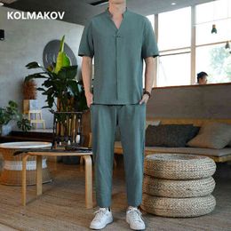 (Shirt + trousers) 2021 summer men shirt Man Cotton shirts Short sleeve men's casual shirts men elastic waist full size M to 5XL G1222