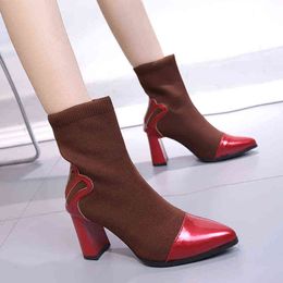Women's Boots Pointed Toe Yarn Elastic Thick Heel High Heels Shoes Woman Female Socks knitting Ankle Boots Pink Shoes Black Y1105