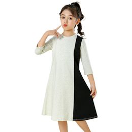 4 to 14 years kids & teenager girls spring summer Colour block cotton casual flare dress child fashion three quarter sleeve dress 210303